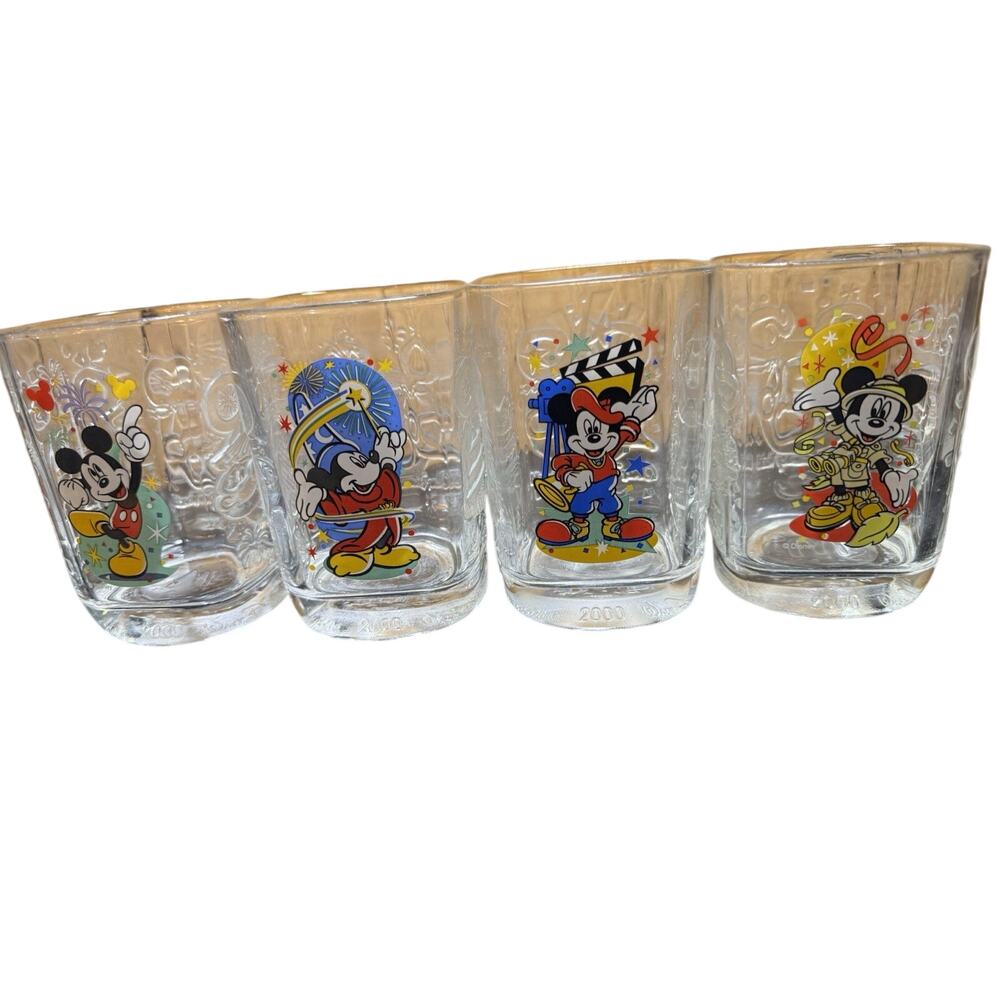 Set of 4 Walt Disney World 2000 McDonald's Mickey Mouse Square Clear Glasses Y2K